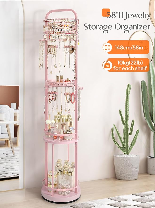 Jewelry Holder Organizer, Floor Jewelry Organizer with Earring Organizer Necklace Holder, Rotating Jewelry Stand Necklace Display Earring Storage, Large Hanging Jewelry Tree for Jewlery Bracelet Ring - Image 4