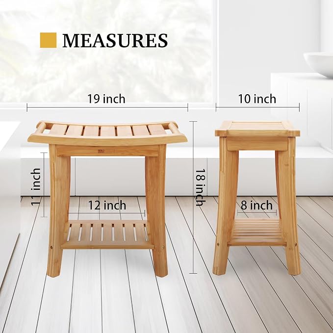 Unibambou Bamboo Shower Bench with Storage Shelf, Wooden Spa Bath Deluxe Organizer Shower Stool for Inside Shower, Bathroom Bench Seat for Adults Elderly Seniors for Indoor or Outdoor Use - Image 3