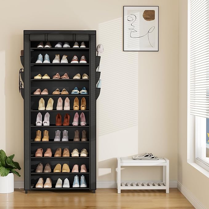 VTRIN Vertical Narrow Shoe Rack Organizer Tall Shoe Rack for Closet Entryway 10 Tier Non-Woven Cover Shoe Shelf Holds 36-41 Pairs Free Standing Shoe Storage Cabinet with Dustproof Cover, Black - Image 7