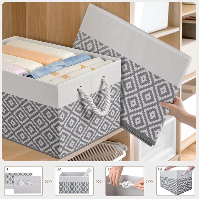 StorageTastic Storage Bins, 3-Pack Large Storage Box with Rope Handles, Collapsible Storage Basket for Organizing Books, Clothes, Rhombic Grey - Image 4