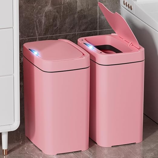Vanpopubs 2 Pack 2.7 Gal Bathroom Trash Can with Lid, Automatic Trash Can Small Smart Garbage Can Touchless, Slim Motion Sensor Waterproof Plastic Trash Bins for Bedroom Office Kitchen Toilet Pink by VANPOPUBS