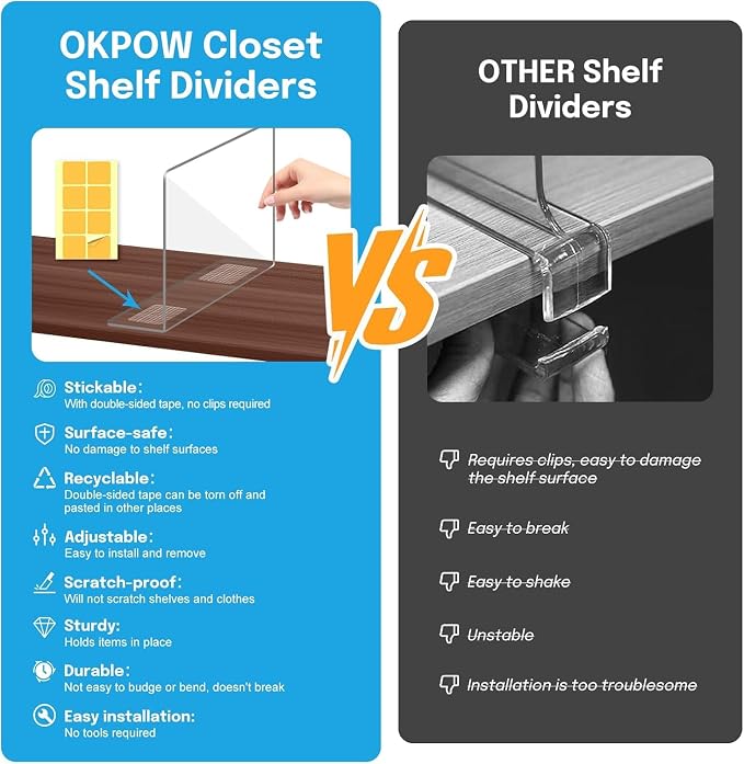 OKPOW Shelf Dividers Closet Organizer - 7.5" Tall X 11.8" Deep Acrylic Clear Sturdy Separate for Clothes Purse - Adjustable Space Saver Easy Install for Home Organization Enthusiasts 4 Pack - Image 3