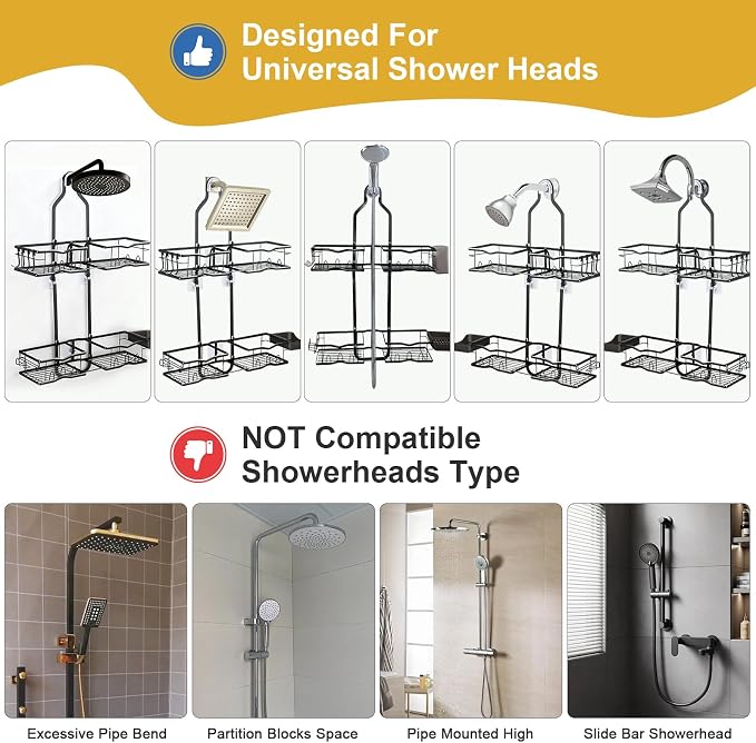 Shower Caddy Hanging Organizer, Rustproof Over Shower Head Caddy Holder with Hooks for Razor/Sponge, No Drilling Bathroom Racks Bath Storage Shelves for Shampoo Soap Towels, Black - Image 8