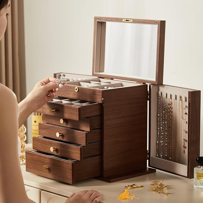 CHOSIN Black Walnut Wooden Jewelry Box, 6-Layer Lockable Wood Jewelry Organizer with Mirror, Side Doors & Brass Handle, Classical Design for Rings, Necklaces, Earrings, Mothers Day Gifts for Mom - Image 8