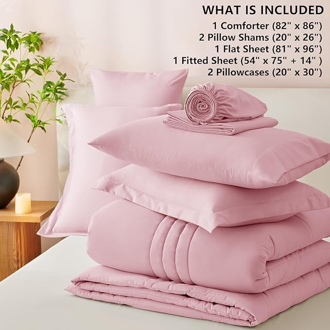 CozyLux Full Comforter Set - 7 Pieces Bed in a Bag Pink Comforter Set with Sheets Luxury Bed Set All Seasons, Soft Bedding Set with Down Alternative Comforter, Sheets, Pillowcases & Shams