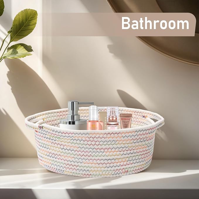 JMvicyroam Woven Basket,Small Rope Storage Bin with Handles & Ribbon Bag, Organizer for Shelves Closets,Gift Basket Empty for Birthday,Books,Dog Toys, Colorful/2 Pack - Image 8