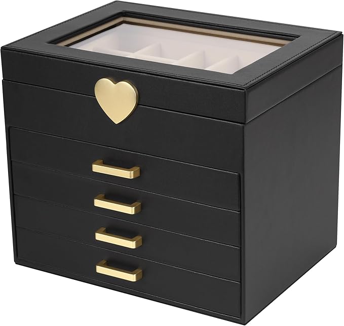 Kendal Jewelry Box, 5-Layer Jewelry Organizer Box with Glass Lid, Black, Heart Shaped PU Leather, Storage Box for Necklace Earrings Rings Bracelets, Gift Idea for Girls LJC4DRBK by Kendal