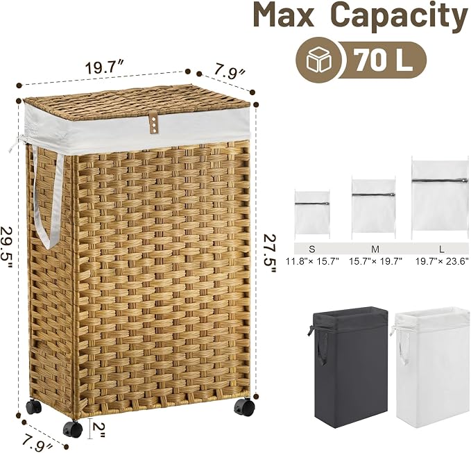 70L Slim Laundry Hamper with Lid & Wheels, Rolling Laundry Basket with 2 Removable Liner Bags & 3 Mesh Bags, Narrow Dirty Clothes Basket, Foldable Handwoven Rattan Laundry Sorter, Natural - Image 4