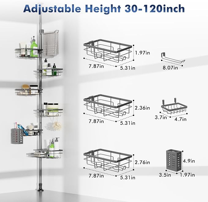Vatex Corner Shower Caddy Tension Pole,30-120 Inch Adjustable Shower Organizer, 6-Tier Shower Shelves with Towel Rack/Toothbrush Holder/Soap Dish, Bathroom Corner Storage Rust-Resistant - Image 5