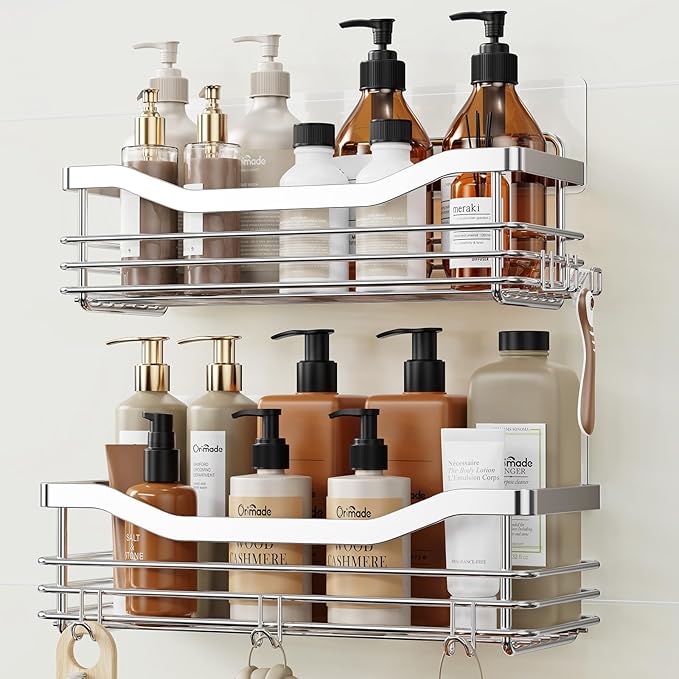 Orimade Shower Caddy Basket Shelf Storage Rack Pack of 2, No Drilling Wall Mounted Adhesive Rust Resistant Stainless Steel Shower Organizer with 5 Hooks for Bathroom, Toilet, Kitchen by Orimade