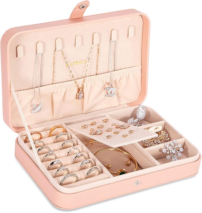 LANDICI Small Jewelry Box for Women Girls, PU Leather Travel Jewelry Case, Portable Jewelry Organizer Storage Holder Display for Ring Earrings Necklace Bracelet Bangle Men Kids Gift, Pink by LANDICI
