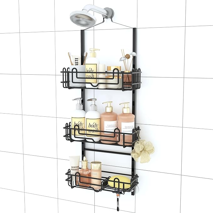 SWTYMIKI Shower Caddy Hanging Organizer - 3-Tier Rustproof Shower Organizer Over Showerhead with Adjustable Baskets, 24 Hooks, Soap & Razor Holder - No Drill Large Bathroom Storage Rack, Black by SwtyMiki-TidyHomeSweetLife