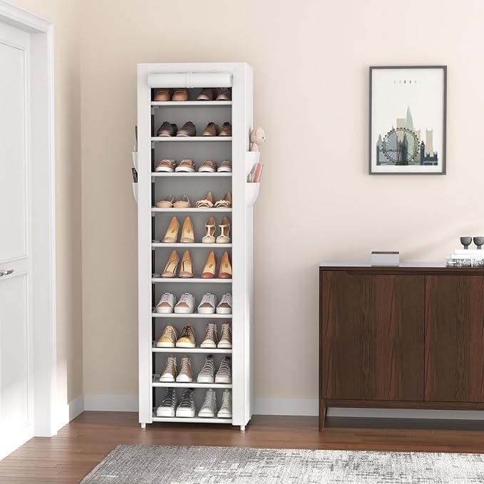 VTRIN Vertical Narrow Shoe Rack Organizer Tall Shoe Rack for Closet Entryway 10 Tier Non-Woven Cover Shoe Shelf Holds 20-22 Pairs Free Standing Shoe Storage Cabinet with Dustproof Cover, White - Image 7