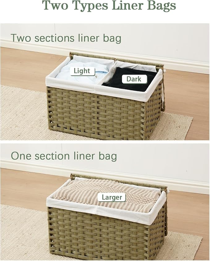 SETVSON Storage Basket with Lid Rattan Woven Storage Baskets with 2 Separate Lids, 17.2 Gallon (65 L), Wicker Storage Bins Foldable, 2 Removable Liner Bags Handles for Bedroom, Laundry Room Green - Image 6
