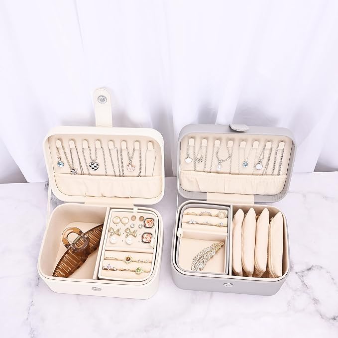 2 Layer Portable Jewelry Box, Large Jewelry Travel Case with 4 Jewelry Pouches, Medium Size Jewelry Organizer Box for Earrings, Necklaces, Bracelets (beige) - Image 7