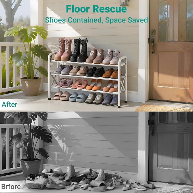 YEASHEIN 3-Tier Expandable Shoe Rack for Closet Floor, X-Frame Metal Small Shoe Rack for Entryway, Adjustable Shoe Shelf Organizer, Free Standing Shoe Racks for Front Door Entrance, Garage - White - Image 6