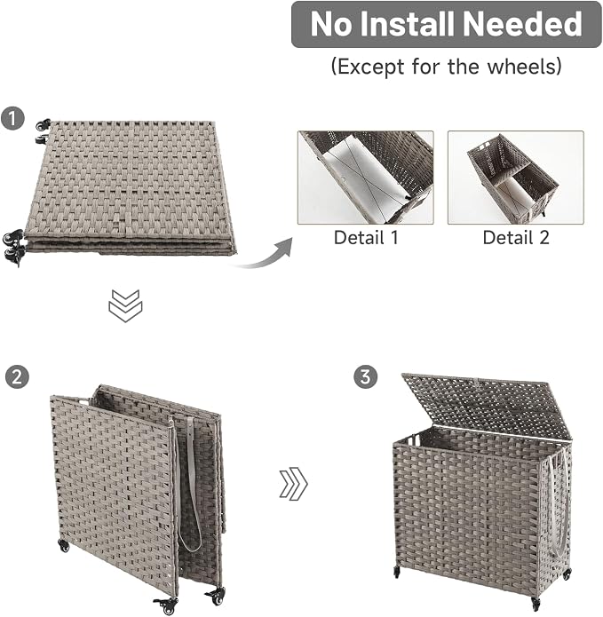 Laundry Hamper with Wheels, 34.3 Gallon(130L) Rolling Laundry Basket with Lid, 3-Section Rattan Clothes Hamper with 3 Removable Liner & 3 Mesh Bags, Laundry Sorter with Side Pocket, Grey - Image 8