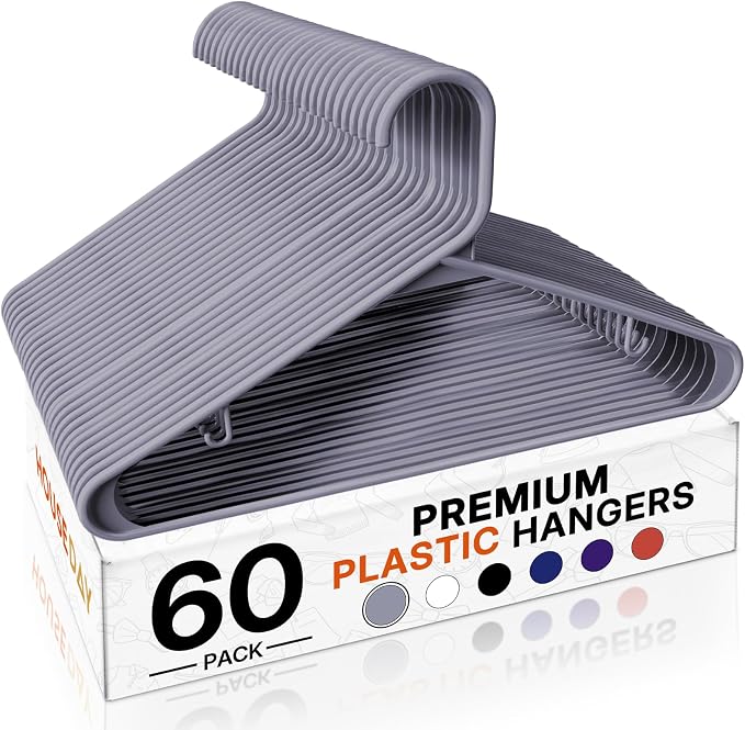 HOUSE DAY Grey Plastic Hangers 60 Pack, Non-Slip Plastic Hanger with Dual Hooks - Slim Space Saving 1/4" Thin Closet Organizers for Coats, Shirts, Pants & Dresses - Lightweight Garment Friendly by HOUSEDAY