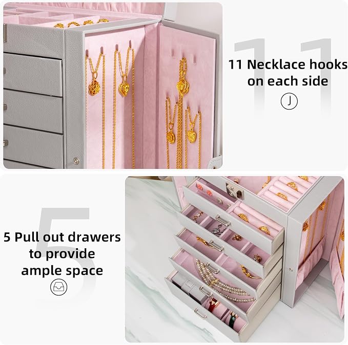 Large Jewelry Box,5-Tier PU Leather Jewelry Organizer with Lock,Multi-functional Storage Case with Mirror,Jewelry Organizer for Bracelets, Earrings, Rings, Necklaces, Mothers Day (GRAY) - Image 5
