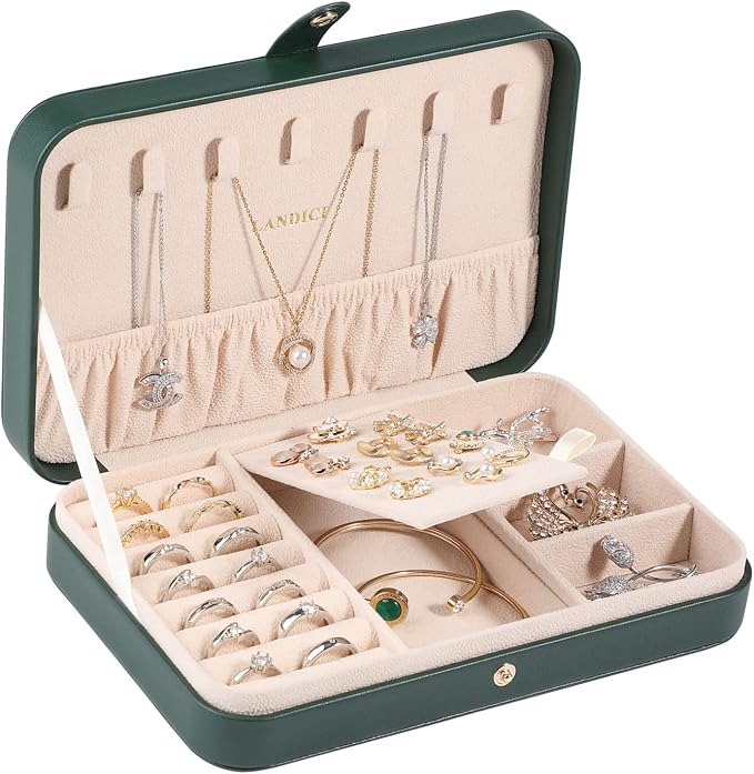 LANDICI Small Jewelry Box for Women Girls, PU Leather Travel Jewelry Organizer Case, Jewellery Storage Holder Display for Ring Earrings Necklace Bracelet Bangle Watch Men Kids Gift, Blackish Green by LANDICI