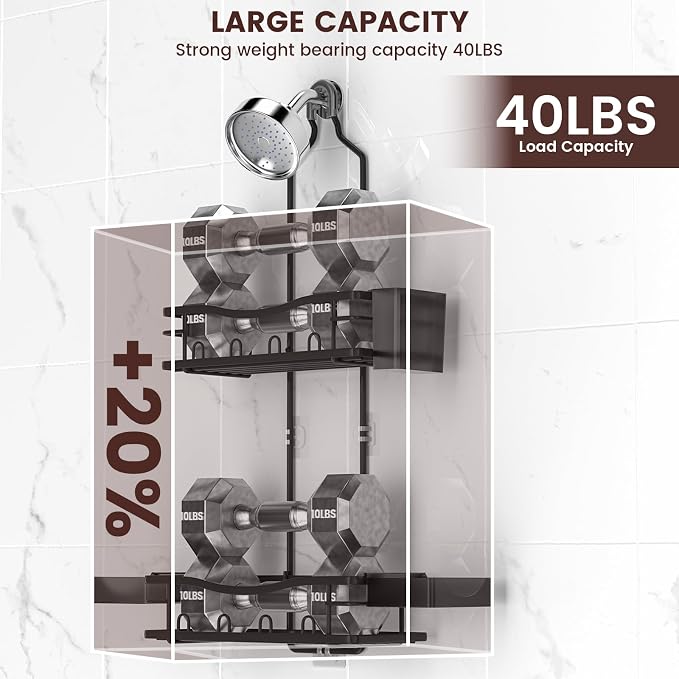 REINHARDT Shower Caddy Hanging, Rustproof Shower Caddy Anti-Swing Shower Organizer Over Showerhead No Drilling Shower Racks with Soap Holder Multi Hooks Bathroom Storage for Shampoo Sponge, Black - Image 3