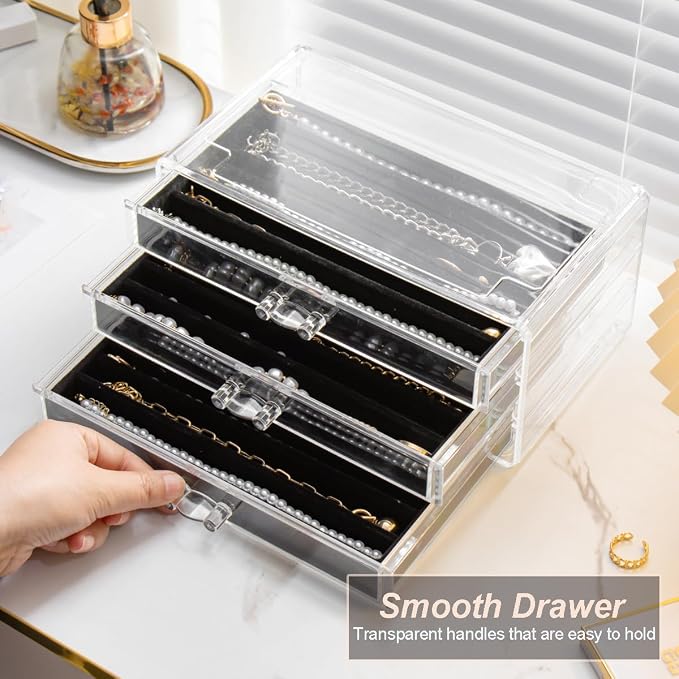 YUFONG Necklace Holder Organizer, Dustproof Necklace Box Velvet Necklace Organizer Box with Lid Clear Acrylic Dustproof Stackable Jewelry Displays for Necklaces Chain Display (Black, 5 Drawer) - Image 6