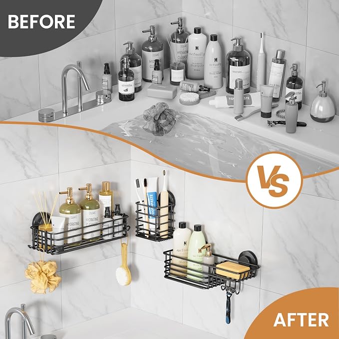 LEVERLOC Shower Caddy Suction Cup, 3 Pack Heavy Duty Bathroom Organizer for Inside Shower with Hooks & Soap Holder, Removable Bathroom Organizer, Rustproof Black Holder Storage Black - Image 6