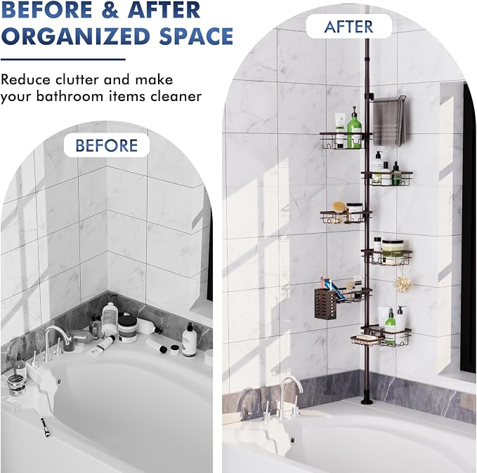 Vatex Corner Shower Caddy Tension Pole,Adjustable 30-120 Inch Bathroom Organizer Storage,Rustproof 6-Tier Shower Corner Shelves,Towel Rack, Toothbrush Holder, Soap Dish Organizers - Image 7
