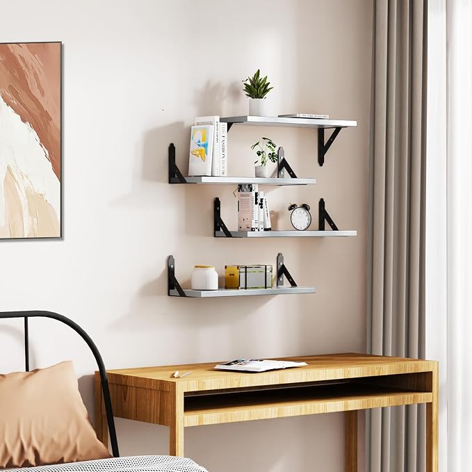 ROMGUAR CRAFT Wood Floating Shelves Set of 4, Rustic Storage Decor Wall Shelves, Wall Mounted Shelf for Living Room, Bedroom 17" x 6", Light Grey - Image 5
