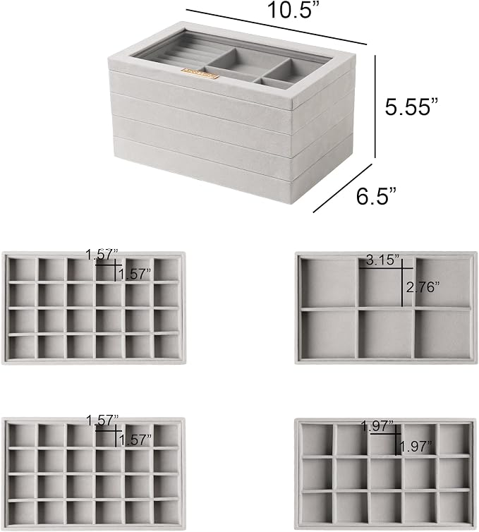 Frebeauty Earring Holder Stackable Jewelry Trays,Velvet Drawer Jewelry Organizer with Glass Lid, 5 in 1 Jewelry Box for Earrings Rings Studs,10.5 x 6.5 x 5.55 Inches Gift for Women (Grey) - Image 3