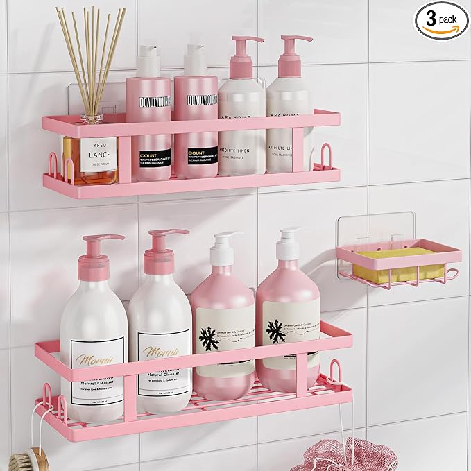 Youvip Adhesive Shower Caddy,Shower Shelves with Soap Holder and 12 Hooks,No Drilling Bathroom Organizer and Storage,Pink,3 Pack by YOUVIP