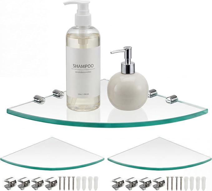 Kingrol 3 Pack Glass Bathroom Shower Shelves, Extra Thick Wall Mounted Shelves, Clear Floating Corner Shelves for Kitchen, Bathroom, Living Room, Office by Kingrol