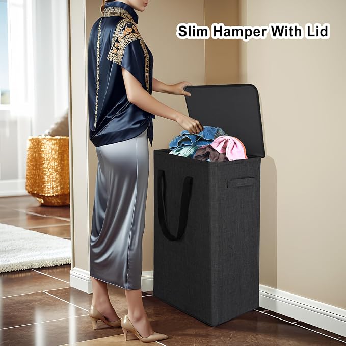 Odonata 75L Slim Laundry Hamper with Lid,Large Foldable Laundry Basket with Removable Bag and Handles Tall Collapsible Dirty Clothes Basket Great for Bedroom, Bathroom, Dorm, College,RV.(Black, 75L) - Image 5