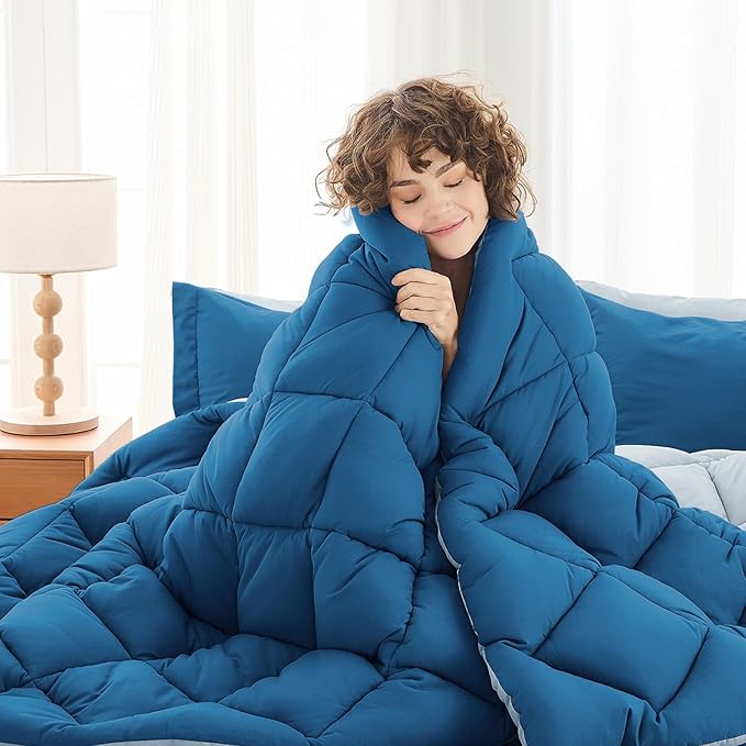 MUXHOMO 7 Pieces Queen Comforter Set, Reversible Bed in a Bag Queen Size, All Season Bedding Set with Comforter, Flat Sheet, Fitted Sheet, Pillowcases & Shams, Teal & Lake Blue