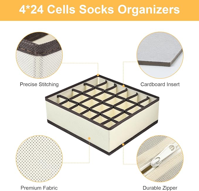 Joyoldelf Sock Drawer Organizer Divider Underwear Organizer 24-cell Fabric Dresser Drawer Organizers Storage Boxes for Socks Lingerie, Handkerchiefs, Ties 4 Pack (Beige) - Image 3