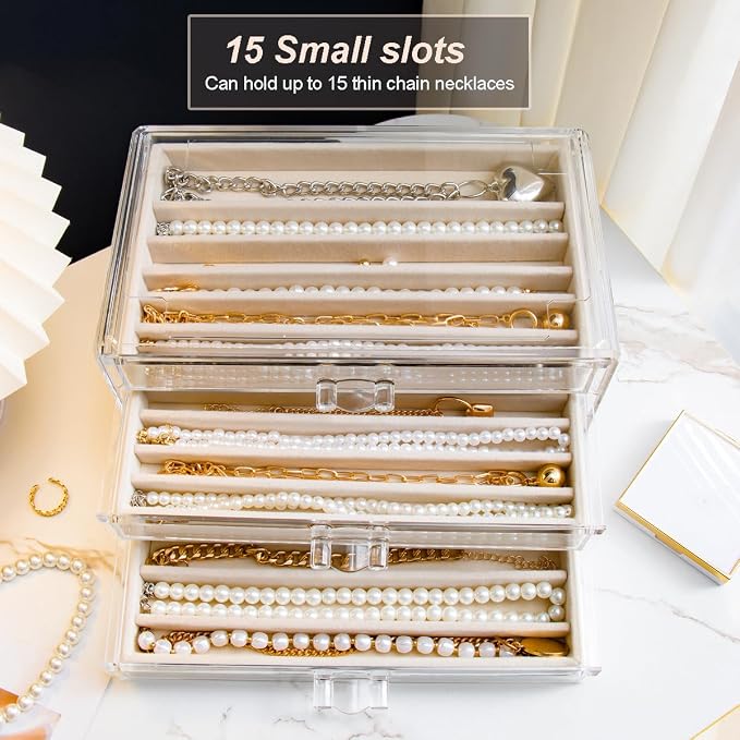 YUFONG Necklace Holder Organizer, Dustproof Necklace Box Velvet Necklace Organizer Box with Lid Clear Acrylic Dustproof Stackable Jewelry Displays for Necklaces Chain Display (Beige, 3 Drawer) - Image 5