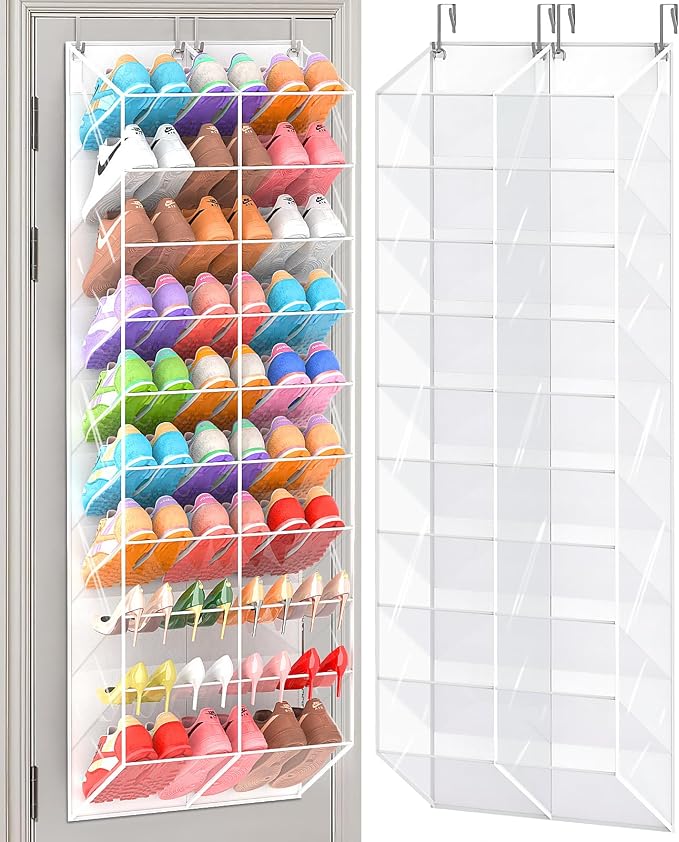 20-30 Pairs Over the Door Shoe Organizer, Transparent PVC Hanging Shoe Rack for Closet, 10-Tier Door Shoes Storage, Crystal-Clear Visibility Fit All the Family's Sneakers, Boots, Heels, White Frame by UVIAHOMIHOMEORGANIZER