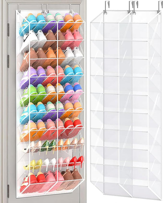 20-30 Pairs Over the Door Shoe Organizer, Transparent PVC Hanging Shoe Rack for Closet, 10-Tier Door Shoes Storage, Crystal-Clear Visibility Fit All the Family's Sneakers, Boots, Heels, White Frame by UVIAHOMIHOMEORGANIZER