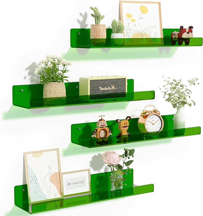 upsimples Acrylic Shelves for Wall Decor, 15" Display Shelf Perfume Organizer for Bathroom, Bedroom, Living Room, Floating Bookshelves for Kids, Clear Green, 4 Pack by upsimples