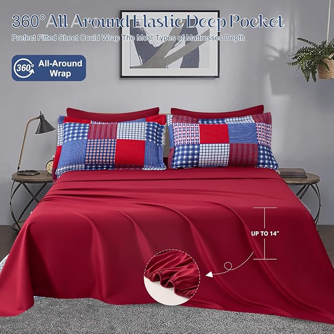 Comforter Set Queen Size Plaid Patchwork Comforter Bedding-7 Piece Bed in a Bag,Soft Reversible Microfiber Bedding Set(1 Comforter,1 Flat Sheet,1 Fitted Sheet,2 Pillowcases,2 Pillow Shams)Red Blue