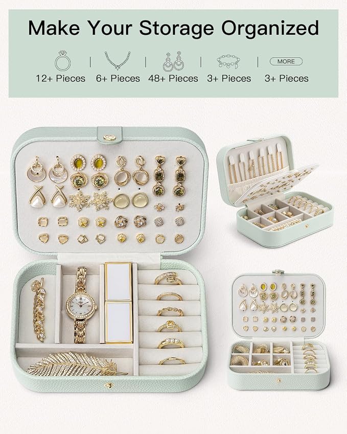 VLANDO Travel Jewelry Case for Women Girls Mothers, PU Leather Portable Small Jewelry Box for Rings, Necklaces, Bracelets, Earring Holder Organizer Storage for Travel, Bridesmaid Gifts - Mint Green - Image 7