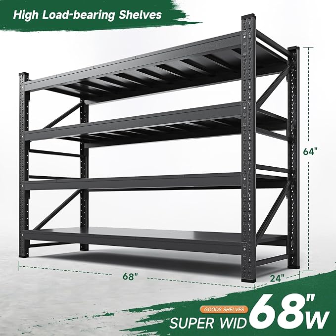Letaya 68" W Storage Shelves Heavy Duty, 7000LBS Garage Shelving Units, 4 Tier Adjustable Utility Rack Shelf,Large Metal Industrial Shelves,for Shop,Warehouse,Basement,Black (68" W x 24" D x 64" H) - Image 2