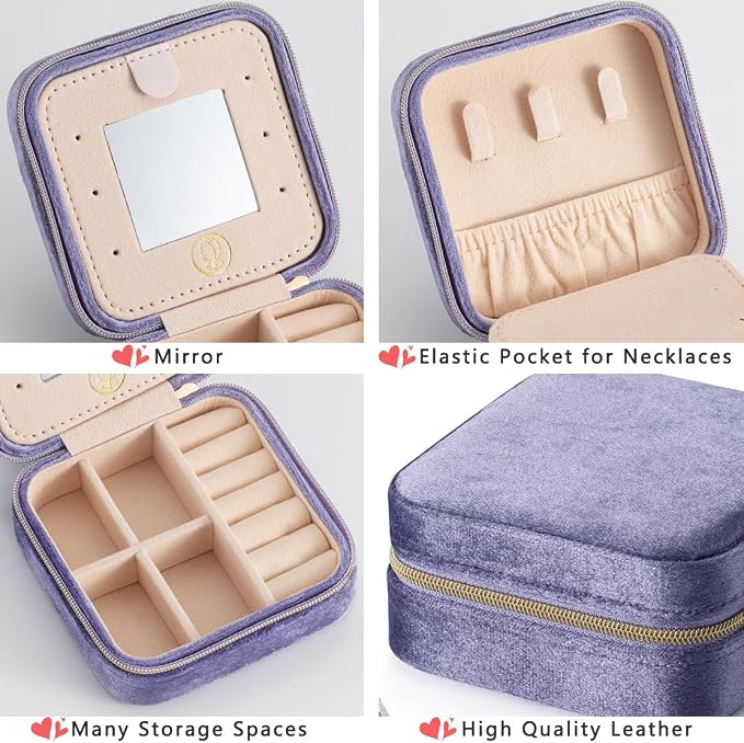 Plush Velvet Travel Jewelry Case, Mini Jewelry Box, Small Jewelry Organizer Portable Display Storage Case, for Girls Women (Periwinkle Blue-With Mirror) - Image 2