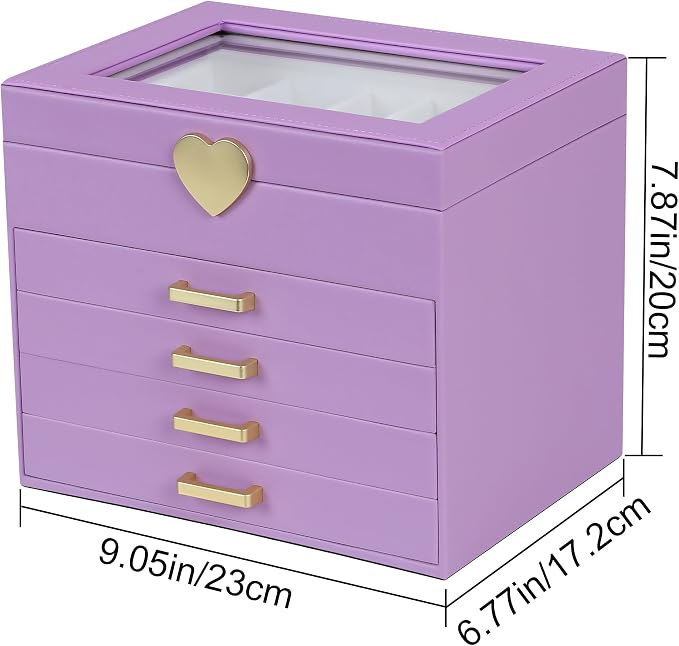Kendal Jewelry Box, 5-Layer Jewelry Organizer Box with Glass Lid, Purple, Heart Shaped PU Leather, Storage Box for Necklace Earrings Rings Bracelets, Gift Idea for Girls LJC4DRPL - Image 3