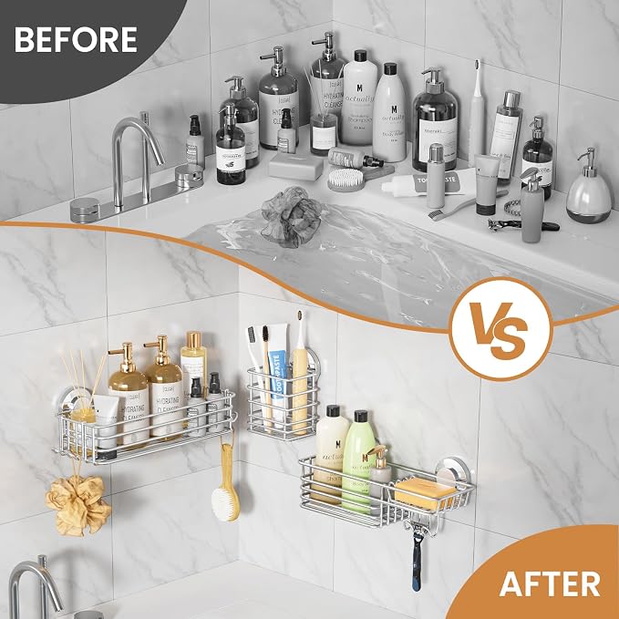 LEVERLOC Shower Caddy Suction Cup, 3 Pack Heavy Duty Bathroom Organizer for Inside Shower with Hooks & Soap Holder, Removable Bathroom Organizer, Rustproof Silver Holder Storage Storage,Silver - Image 6