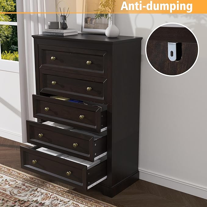 KIGOTY Farmhouse Bedroom Set, 3 Pcs Dresser and Nightstand Sets, 5 Drawer Dresser & 2 Drawer Nightstand Set with Charging Station,Rustic Wood Bedroom Furniture Set for Home,Brown