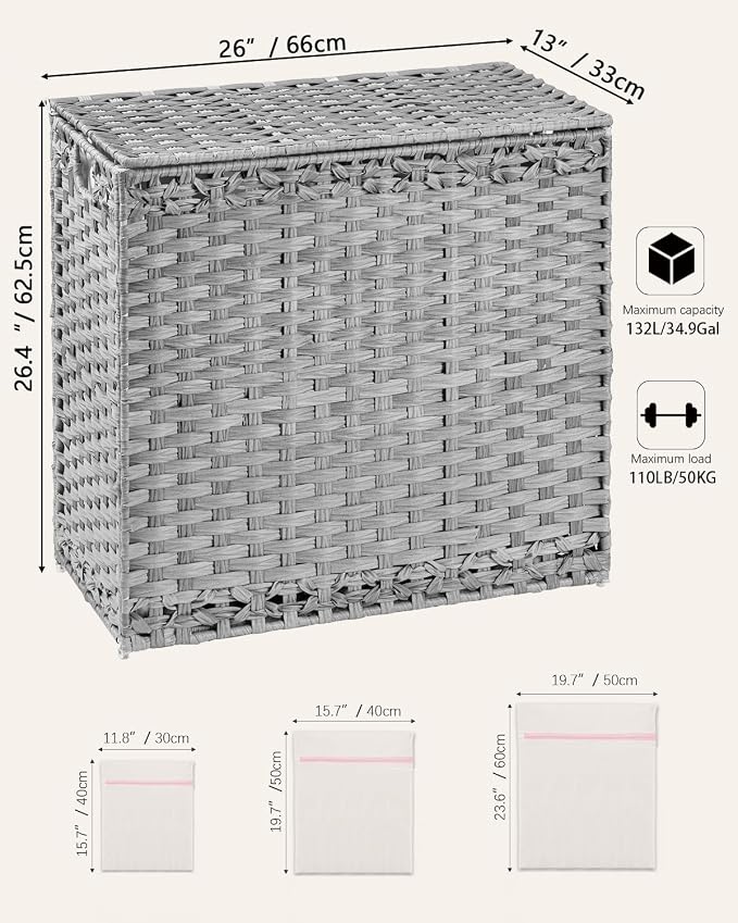 SETVSON Laundry Hamper with Lid Laundry Basket 132 L (35 Gal) Wicker Clothes Hamper, Handwoven Rattan Hamper with Handles and 4 Removable Liner Bags, 6 Mesh Bags for Laundry Bedroom Gray - Image 5