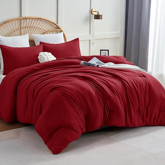 CozyLux Full Size Comforter Set Dark Red, 3 Pieces Solid Breathable Quilted Bedding Sets, Luxury Lightweight Soft Bed Set with Down Alternative Comforter and 2 Pillowcases for All Seasons