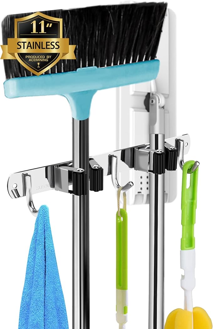 2 Racks and 3 Hooks Broom and Mop Holder Wall Mounted Garage Organizer Storage Tool Racks Stainless Steel Heavy Duty Hooks Self Adhesive Solid Non-slip Wall Hangers for Home Kitchen Garden Laundry by AceMining