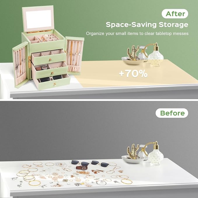 Dajasan Large Jewelry Box Organizer, Jewelry Storage Organizer with 3 Drawers, Huge Jewelry Box with Mirror for Women Girls, Double Door, Textured PU Leather, Gift Idea, Stylish (Green + Gold) - Image 7